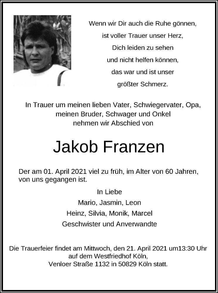  Traueranzeige für Jakob Franzen vom 17.04.2021 aus Kölner Stadt-Anzeiger / Kölnische Rundschau / Express
