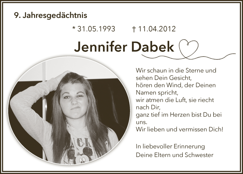  Traueranzeige für Jennifer Dabek vom 10.04.2021 aus  Blickpunkt Euskirchen 
