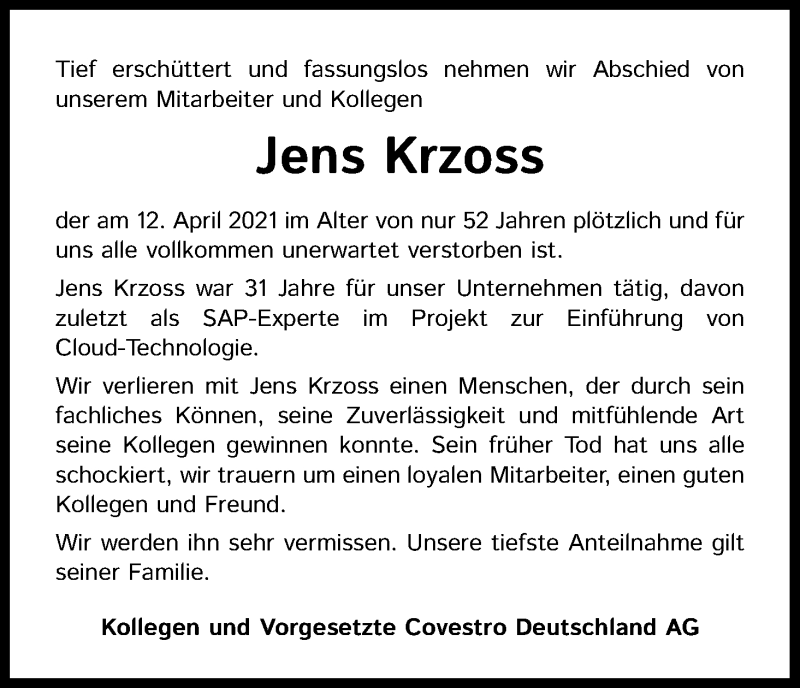  Traueranzeige für Jens Krzoss vom 21.04.2021 aus Kölner Stadt-Anzeiger / Kölnische Rundschau / Express
