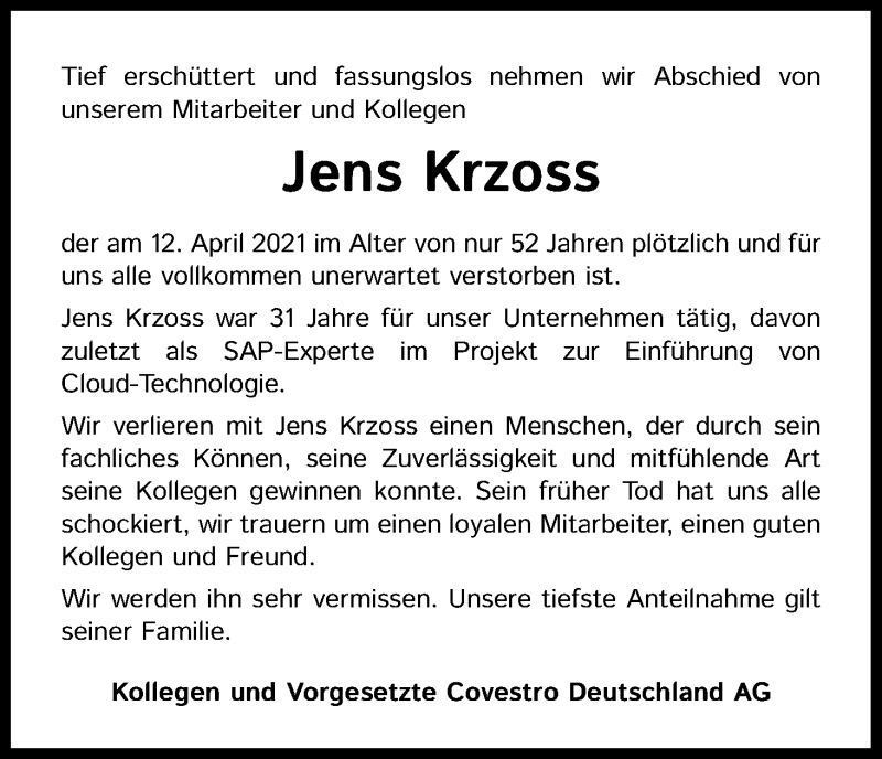  Traueranzeige für Jens Krzoss vom 18.07.2023 aus Kölner Stadt-Anzeiger / Kölnische Rundschau / Express