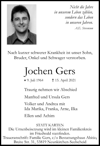 Anzeige von Jochen Gers von Kölner Stadt-Anzeiger / Kölnische Rundschau / Express