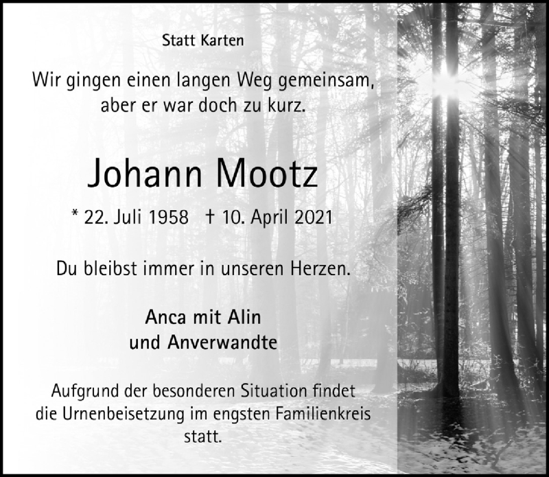  Traueranzeige für Johann Mootz vom 16.04.2021 aus  Anzeigen Echo 