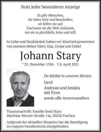 Anzeige von Johann Stary von  Wochenende 