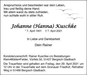 Anzeige von Johanne Kuschke von  Bergisches Handelsblatt 