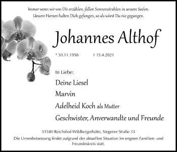 Anzeige von Johannes Althof von  Anzeigen Echo  Lokalanzeiger 