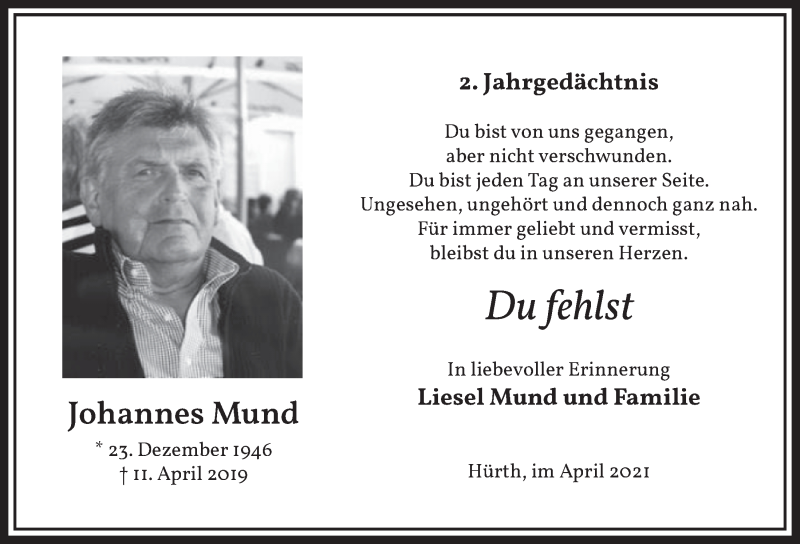  Traueranzeige für Johannes Mund vom 09.04.2021 aus  Wochenende 