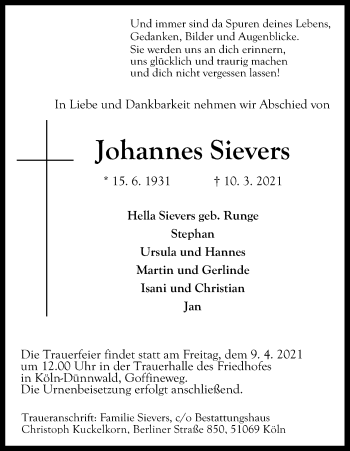 Anzeige von Johannes Sievers von Kölner Stadt-Anzeiger / Kölnische Rundschau / Express