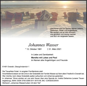 Anzeige von Johannes Wasser von Kölner Stadt-Anzeiger / Kölnische Rundschau / Express