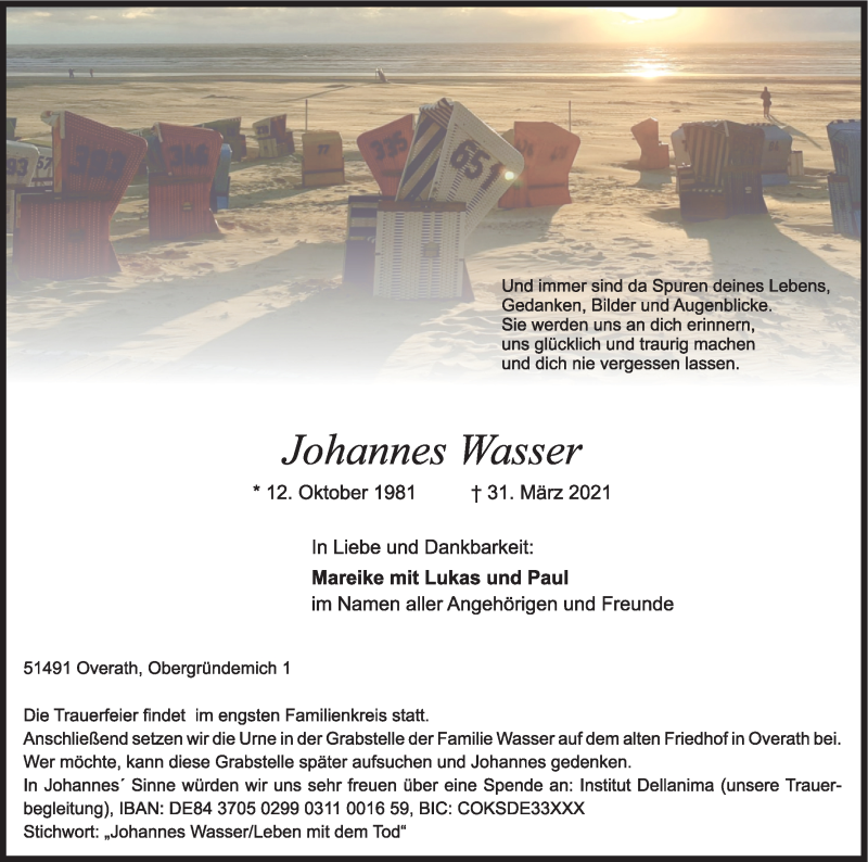  Traueranzeige für Johannes Wasser vom 03.04.2021 aus Kölner Stadt-Anzeiger / Kölnische Rundschau / Express