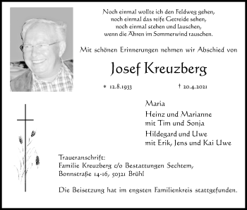 Anzeige von Josef Kreuzberg von Kölner Stadt-Anzeiger / Kölnische Rundschau / Express