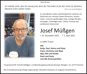 Anzeige von Josef Müßgen von Kölner Stadt-Anzeiger / Kölnische Rundschau / Express