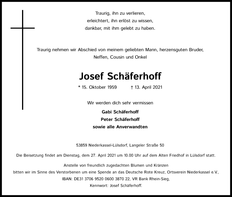  Traueranzeige für Josef Schäferhoff vom 17.04.2021 aus Kölner Stadt-Anzeiger / Kölnische Rundschau / Express