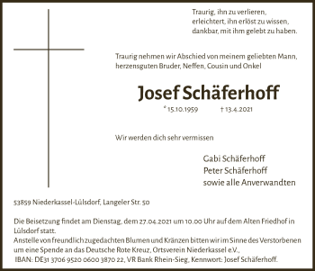 Anzeige von Josef Schäferhoff von  Kölner Wochenspiegel 