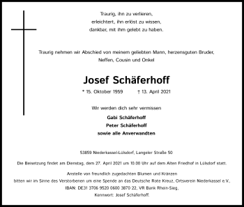 Anzeige von Josef Schäferhoff von Kölner Stadt-Anzeiger / Kölnische Rundschau / Express