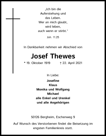 Anzeige von Josef Thewes von Kölner Stadt-Anzeiger / Kölnische Rundschau / Express