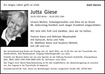 Anzeige von Jutta Giese von Kölner Stadt-Anzeiger / Kölnische Rundschau / Express