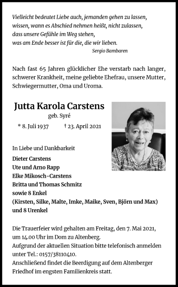 Anzeige von Jutta Karola Carstens von Kölner Stadt-Anzeiger / Kölnische Rundschau / Express
