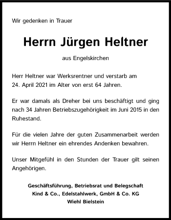Anzeige von Jürgen Heltner von Kölner Stadt-Anzeiger / Kölnische Rundschau / Express