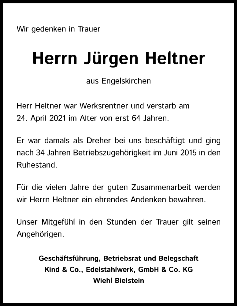  Traueranzeige für Jürgen Heltner vom 01.05.2021 aus Kölner Stadt-Anzeiger / Kölnische Rundschau / Express