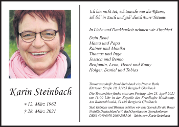 Anzeige von Karin Steinbach von Kölner Stadt-Anzeiger / Kölnische Rundschau / Express