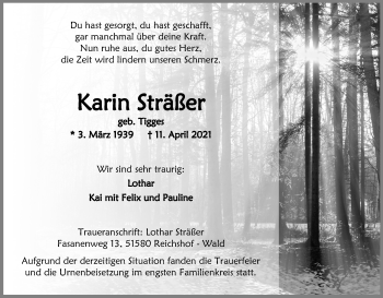 Anzeige von Karin Sträßer von Kölner Stadt-Anzeiger / Kölnische Rundschau / Express