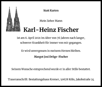 Anzeige von Karl-Heinz Fischer von Kölner Stadt-Anzeiger / Kölnische Rundschau / Express