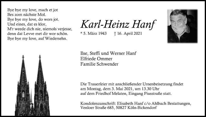  Traueranzeige für Karl-Heinz Hanf vom 24.04.2021 aus Kölner Stadt-Anzeiger / Kölnische Rundschau / Express