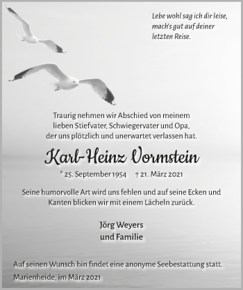 Anzeige von Karl-Heinz Vormstein von  Anzeigen Echo 