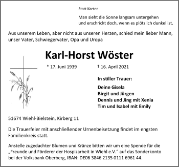 Anzeige von Karl-Horst Wöster von  Anzeigen Echo 