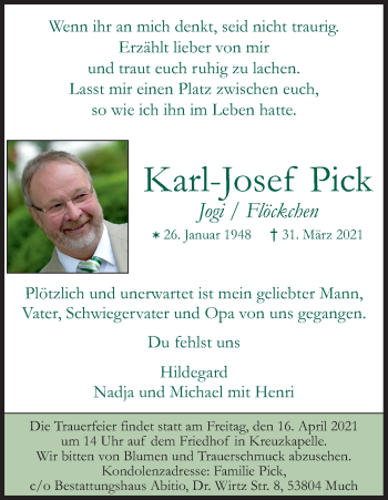 Anzeige von Karl-Josef Pick von Kölner Stadt-Anzeiger / Kölnische Rundschau / Express