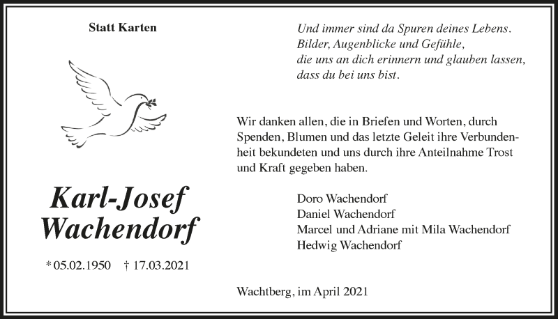  Traueranzeige für Karl-Josef Wachendorf vom 29.04.2021 aus  Schaufenster/Blickpunkt 
