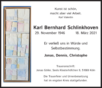 Anzeige von Karl Bernhard Schlinkhoven von Kölner Stadt-Anzeiger / Kölnische Rundschau / Express