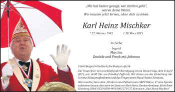 Anzeige von Karl Heinz Mischker von Kölner Stadt-Anzeiger / Kölnische Rundschau / Express