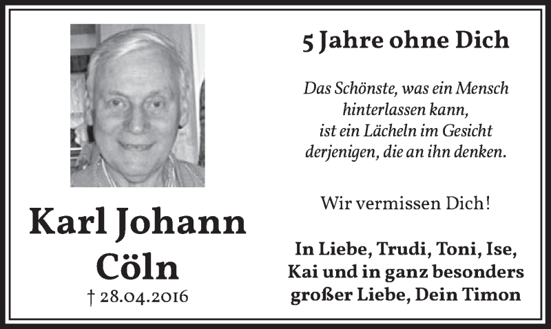  Traueranzeige für Karl Johann Cöln vom 29.04.2021 aus  Werbepost 