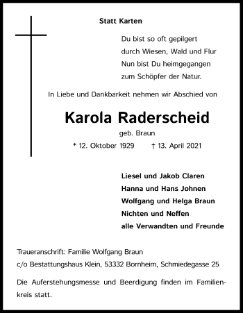 Anzeige von Karola Raderscheid von Kölner Stadt-Anzeiger / Kölnische Rundschau / Express