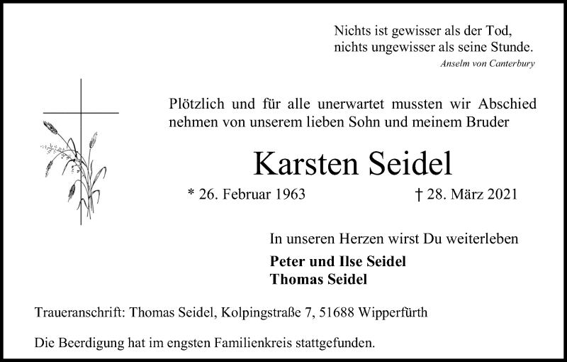  Traueranzeige für Karsten Seidel vom 10.04.2021 aus Kölner Stadt-Anzeiger / Kölnische Rundschau / Express