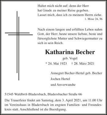 Anzeige von Katharina Becher von  Lokalanzeiger 
