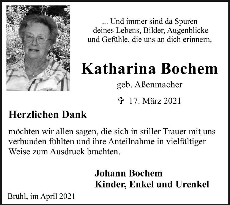  Traueranzeige für Katharina Bochem vom 23.04.2021 aus  Schlossbote/Werbekurier 
