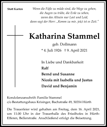 Anzeige von Katharina Stammel von Kölner Stadt-Anzeiger / Kölnische Rundschau / Express