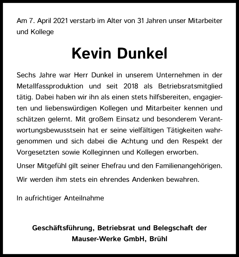  Traueranzeige für Kevin Dunkel vom 17.04.2021 aus Kölner Stadt-Anzeiger / Kölnische Rundschau / Express