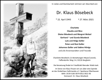 Anzeige von Klaus Bösebeck von Kölner Stadt-Anzeiger / Kölnische Rundschau / Express