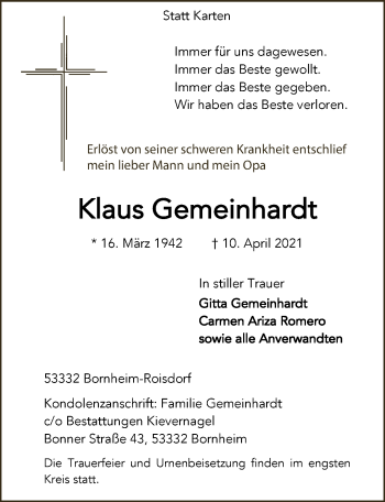 Anzeige von Klaus Gemeinhardt von  Schaufenster/Blickpunkt 