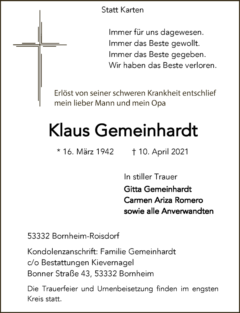  Traueranzeige für Klaus Gemeinhardt vom 16.04.2021 aus  Schaufenster/Blickpunkt 