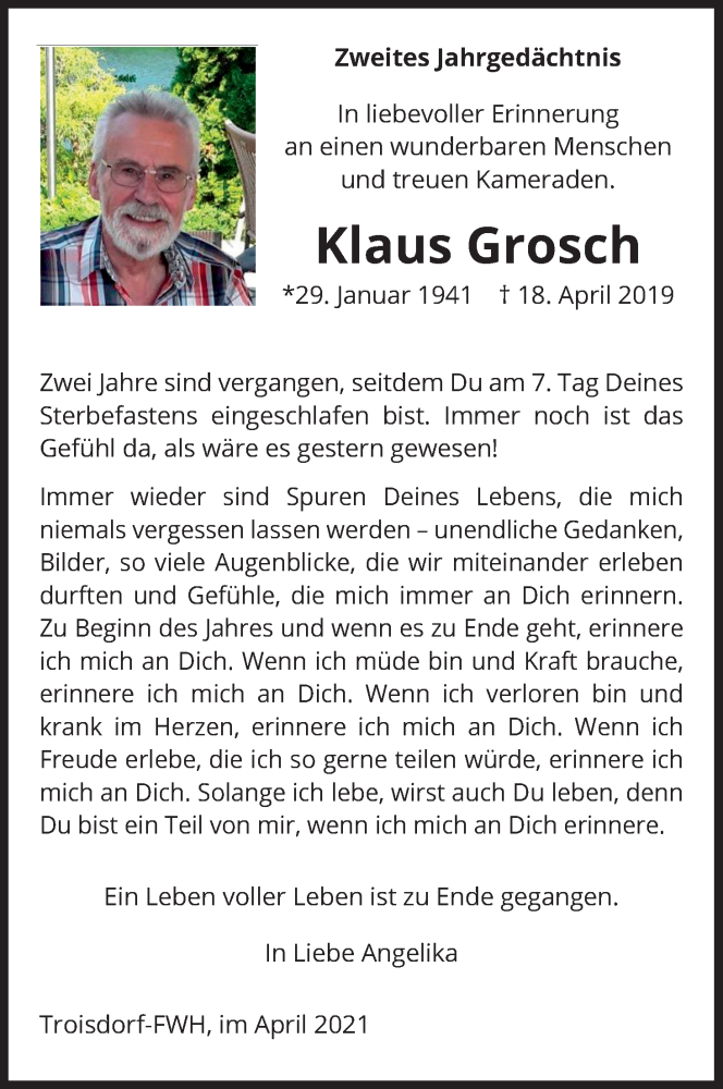  Traueranzeige für Klaus Grosch vom 17.04.2021 aus Kölner Stadt-Anzeiger / Kölnische Rundschau / Express