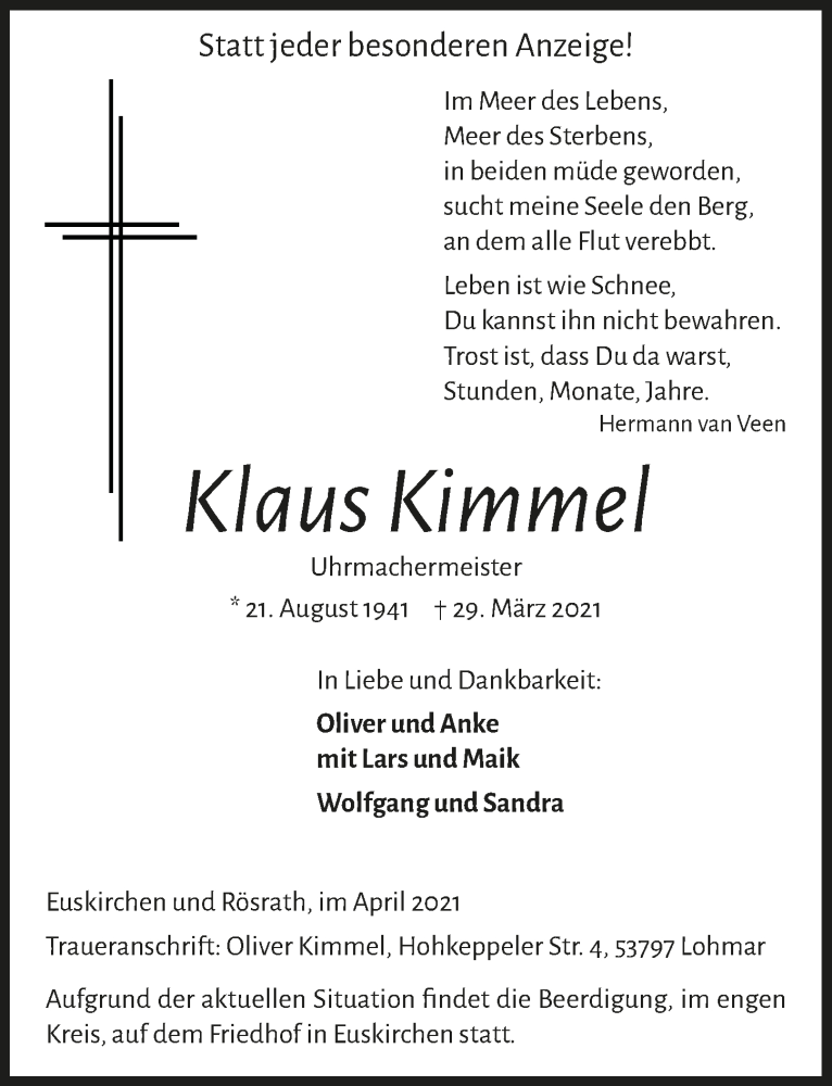  Traueranzeige für Klaus Kimmel vom 10.04.2021 aus  Bergisches Handelsblatt 