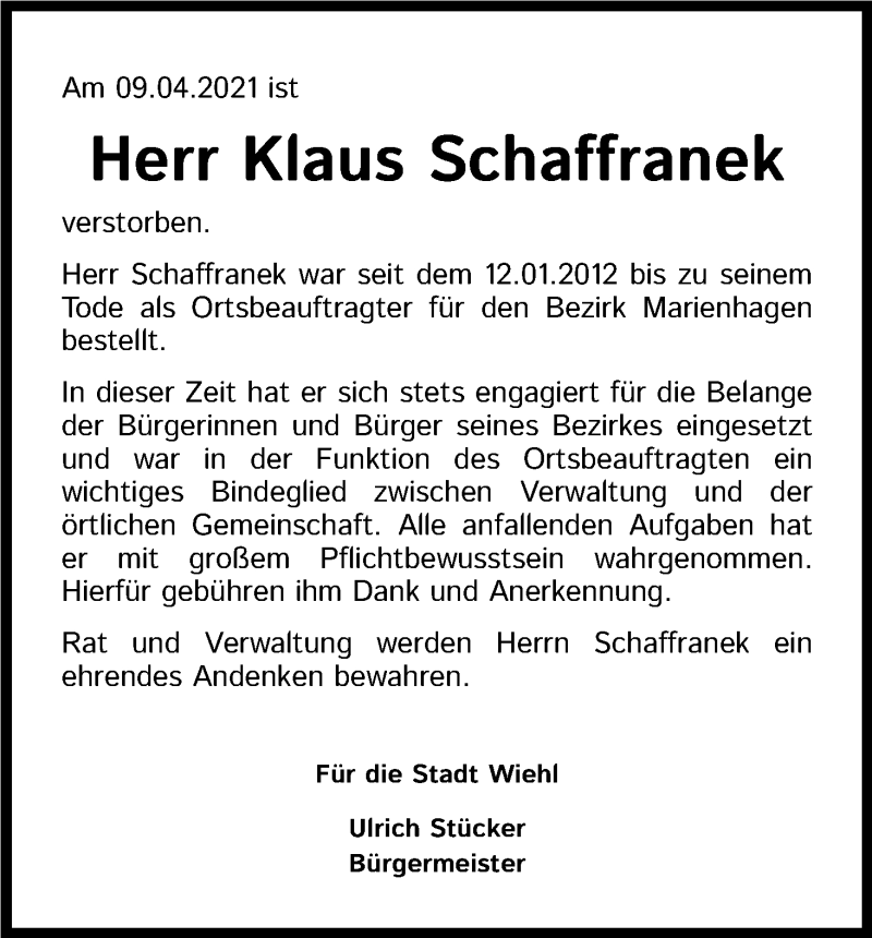  Traueranzeige für Klaus Schaffranek vom 24.04.2021 aus Kölner Stadt-Anzeiger / Kölnische Rundschau / Express