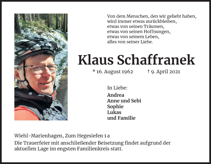  Traueranzeige für Klaus Schaffranek vom 14.04.2021 aus Kölner Stadt-Anzeiger / Kölnische Rundschau / Express