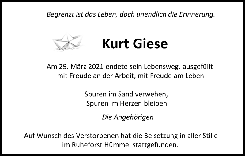  Traueranzeige für Kurt Giese vom 01.05.2021 aus Kölner Stadt-Anzeiger / Kölnische Rundschau / Express