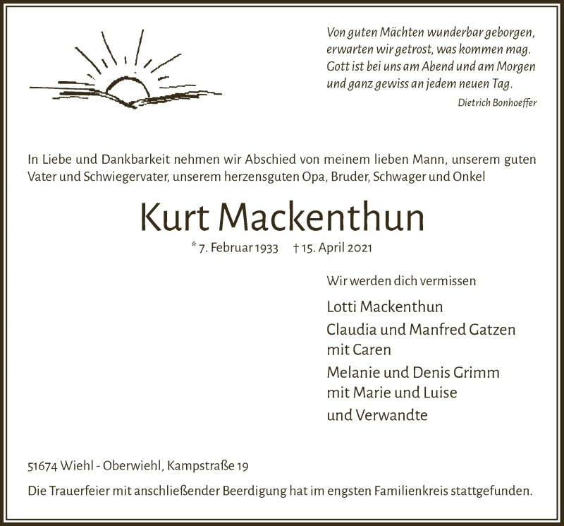 Traueranzeige für Kurt Mackenthun vom 23.04.2021 aus  Anzeigen Echo 