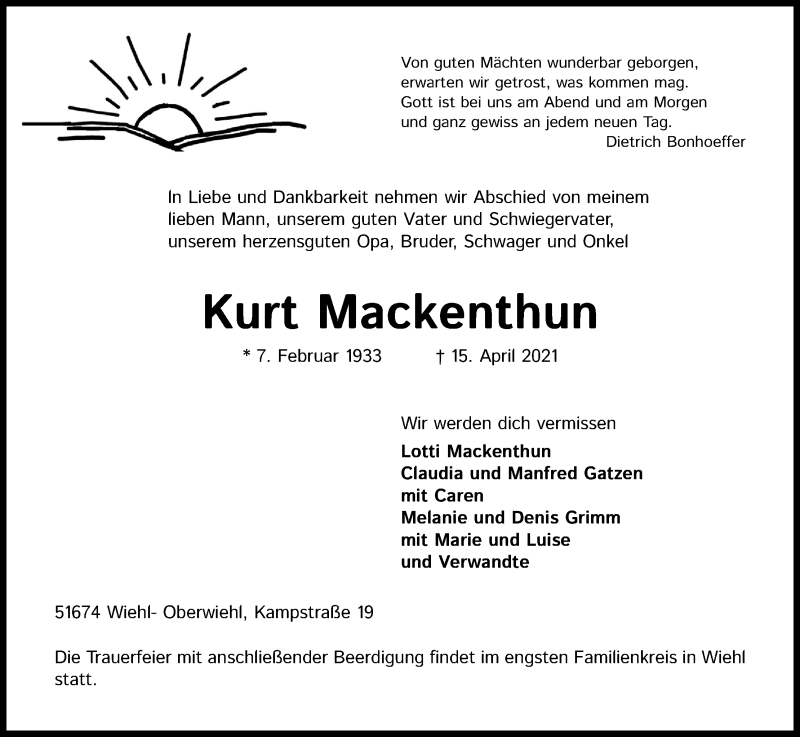  Traueranzeige für Kurt Mackenthun vom 17.04.2021 aus Kölner Stadt-Anzeiger / Kölnische Rundschau / Express